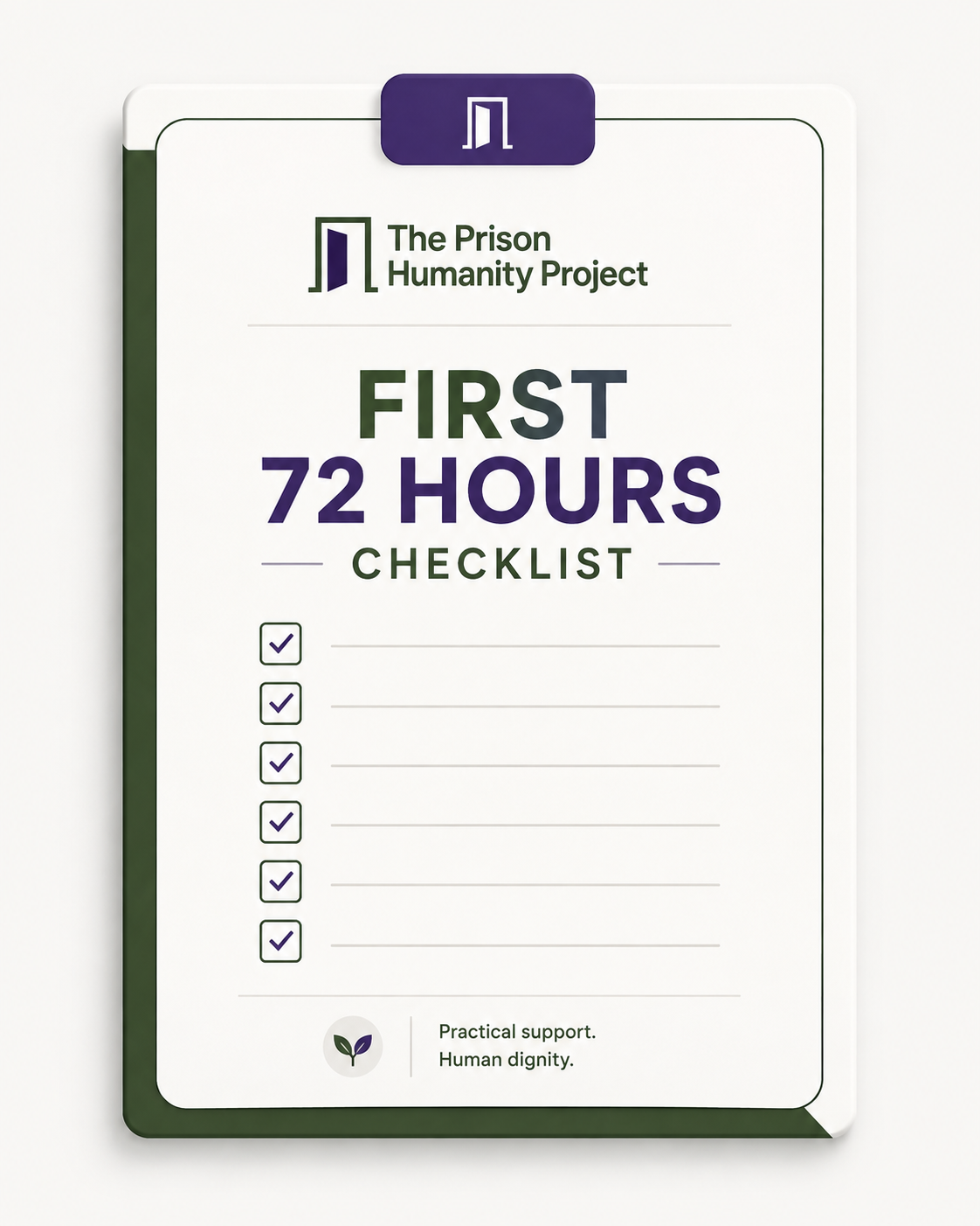 First 72 Hours Checklist — The Prison Humanity Project branded checklist mockup